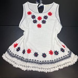 Max Studio White Embroidered Boho Fringe Tank Top Size M